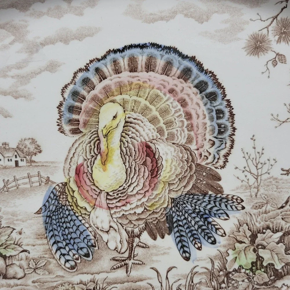 Vintage Turkey Oval Platter Thanksgiving‎ Country Scene Fruit Border Made Japan